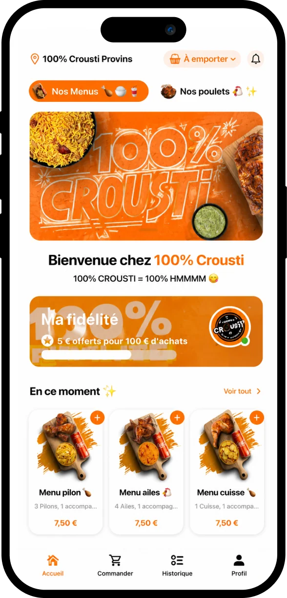 Écran d’accueil de l’appli 100% Crousti